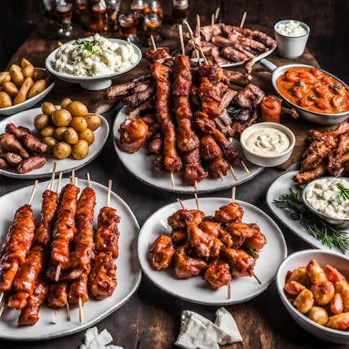 R11 10 - 12人豪華Party Room到會套餐丨西班牙香腸菲達芝士橄欖串、水牛城雞翼拼藍芝士醬及菜條、原條英國草飼⽜肋⻣配新薯