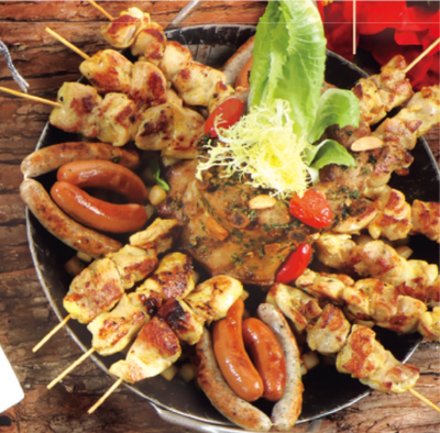 Pork Spare Rib Crown  with Sausages and Chicken Satays  serves approx 6 person 烤德國皇冠排骨配雞沙嗲,香腸 約6人份量