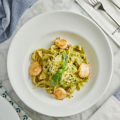 027 帶子、蘆筍、香草寬麵 FETTUCCINE WITH SEARED SCALLOPS, ASPARAGUS IN LIGHT PESTO CREAM SAUCE 2人份量